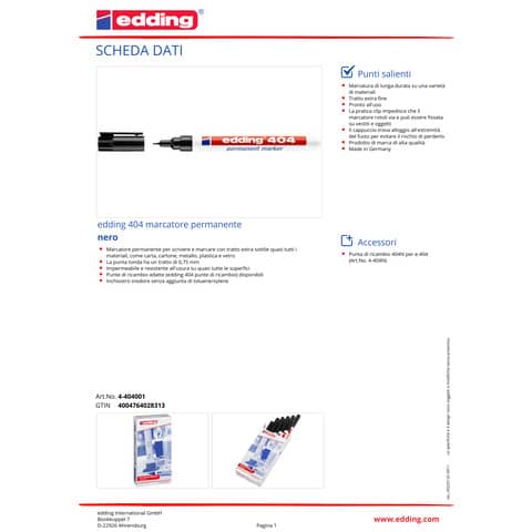 Marcatore permanente edding 404 punta conica 0,75 mm nero E-404 001